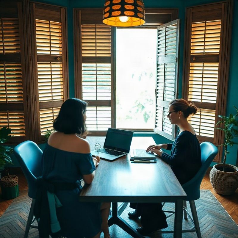 Small editorial team around a teak-topped table in a Chiang Mai office