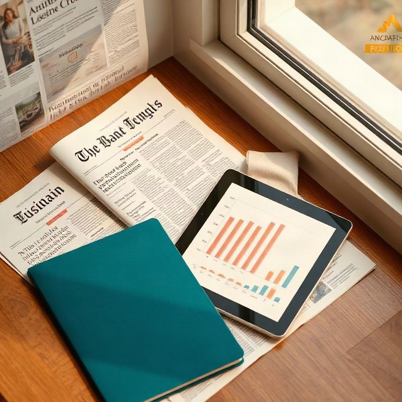 Flat-lay of newspaper pages and a tablet showing bar charts
