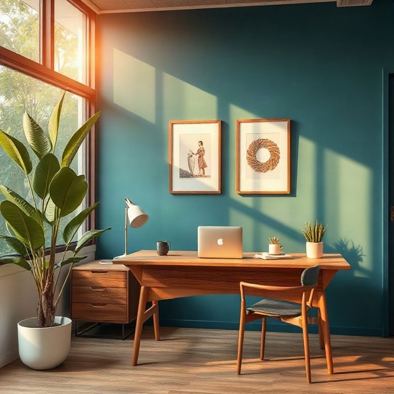 Small Chiang Mai media office with teal accent wall and teak desk